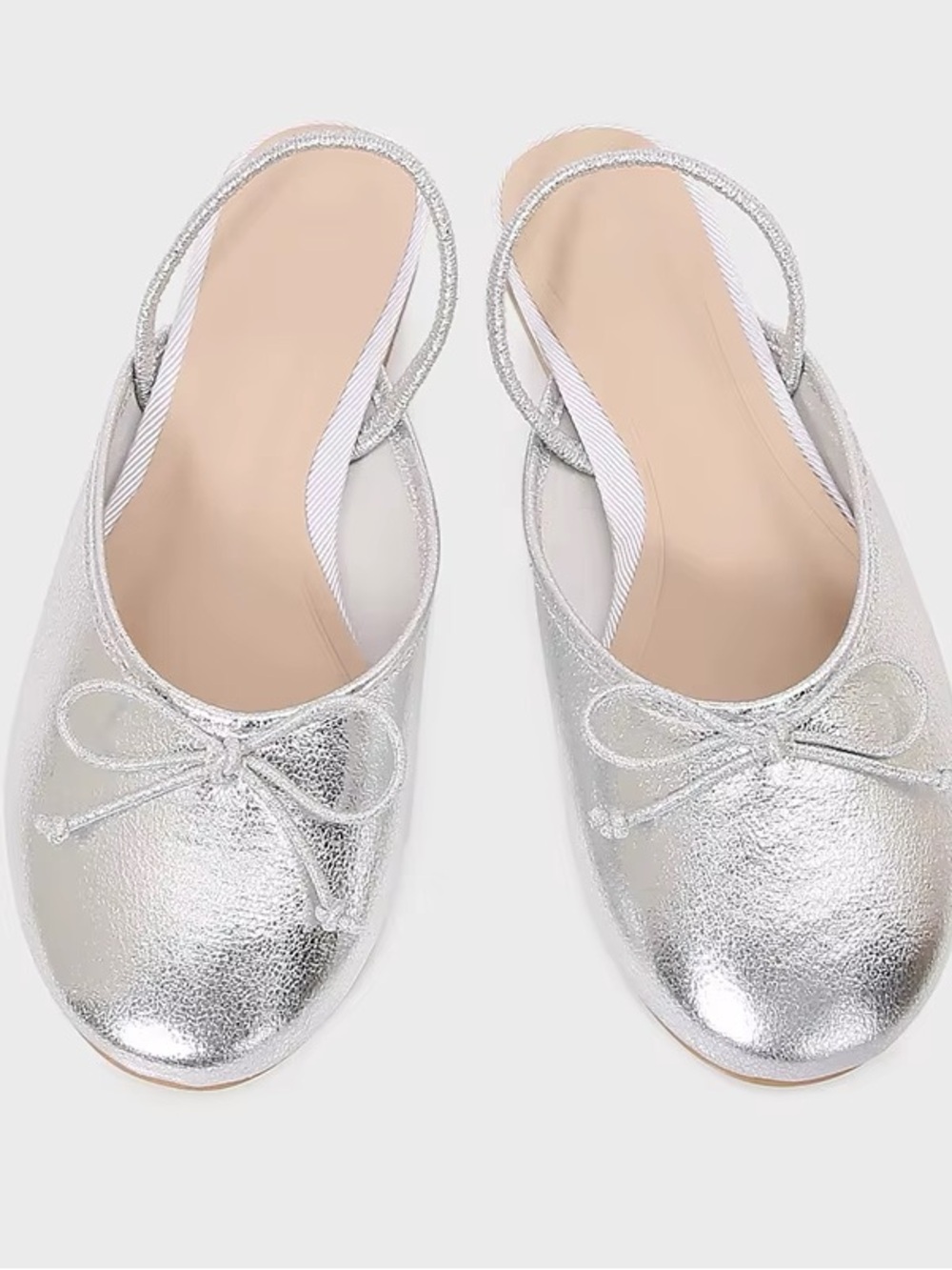 Zara Silver Metallic Slingback Ballet Flats with Bow